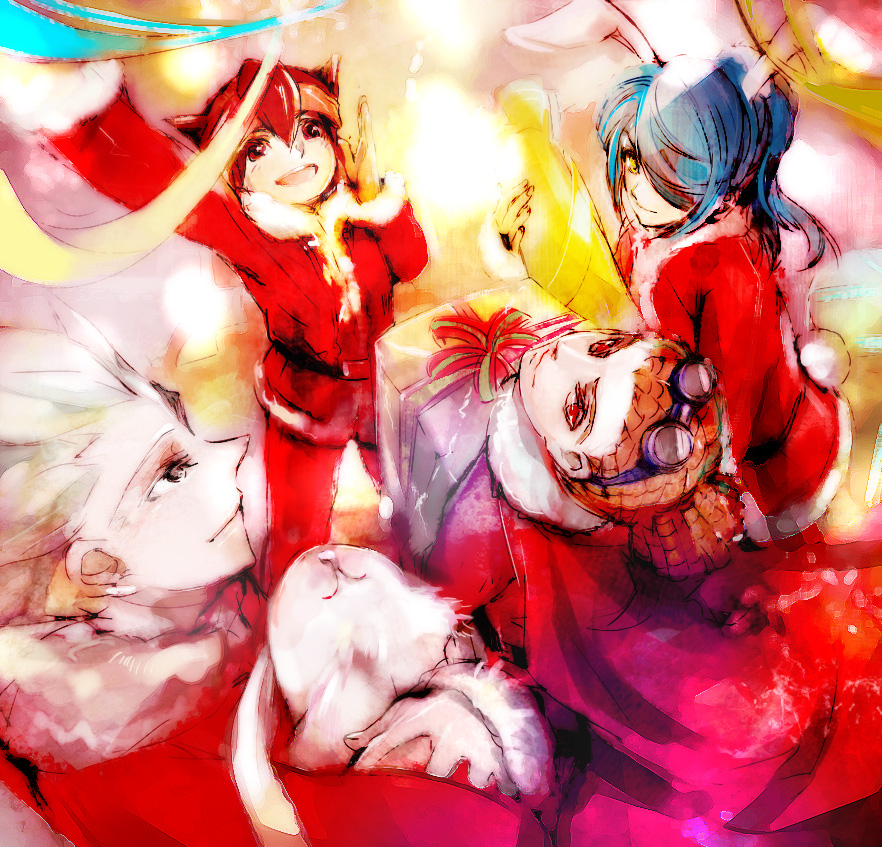 4boys character_request christmas endou_mamoru gift goggles gouenji_shuuya inazuma_eleven inazuma_eleven_(series) kazemaru_ichirouta kidou_yuuto multiple_boys nekoif santa_costume