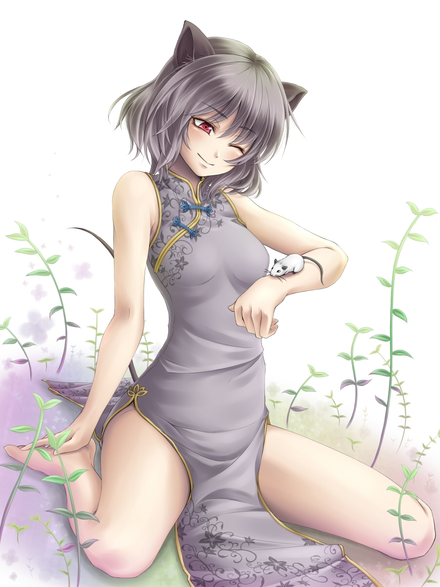animal_ears barefoot china_dress chinese_clothes grey_hair highres mochi.f mouse mouse_ears mouse_tail nazrin red_eyes short_hair smile solo tail touhou wink