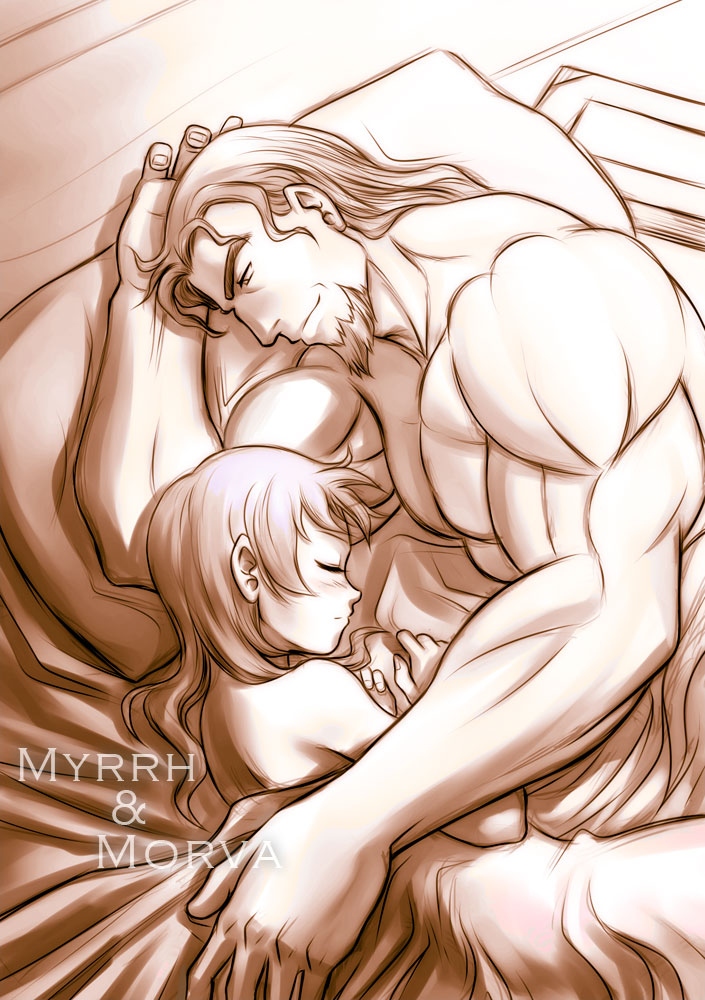 age_difference bed bed_sheet blush character_name closed_eyes cuddle eyes_closed facial_hair father_and_daughter fire_emblem fire_emblem:_seima_no_kouseki fire_emblem_sacred_stones height_difference lying monochrome morva muscle myrrh nude short_hair size_difference sleeping smile under_covers zelo-lee