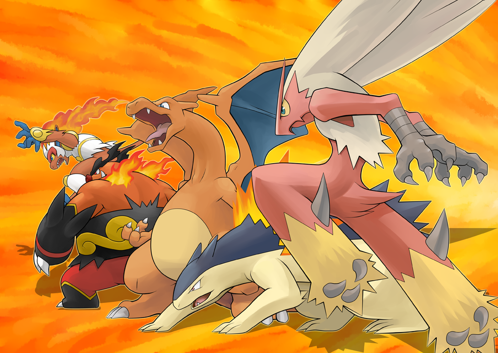 blaziken charizard emboar fire flame infernape kajipon no_humans pokemon pokemon_(creature) pokemon_(game) pokemon_bw pokemon_dppt pokemon_gsc pokemon_rgby pokemon_rse typhlosion