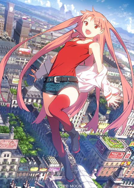 boots character_request city girls'_work girls'_work jewelry long_hair necklace official_art orange_hair pink_hair red_eyes shorts takenashi_eri tank_top thigh-highs thighhighs type-moon