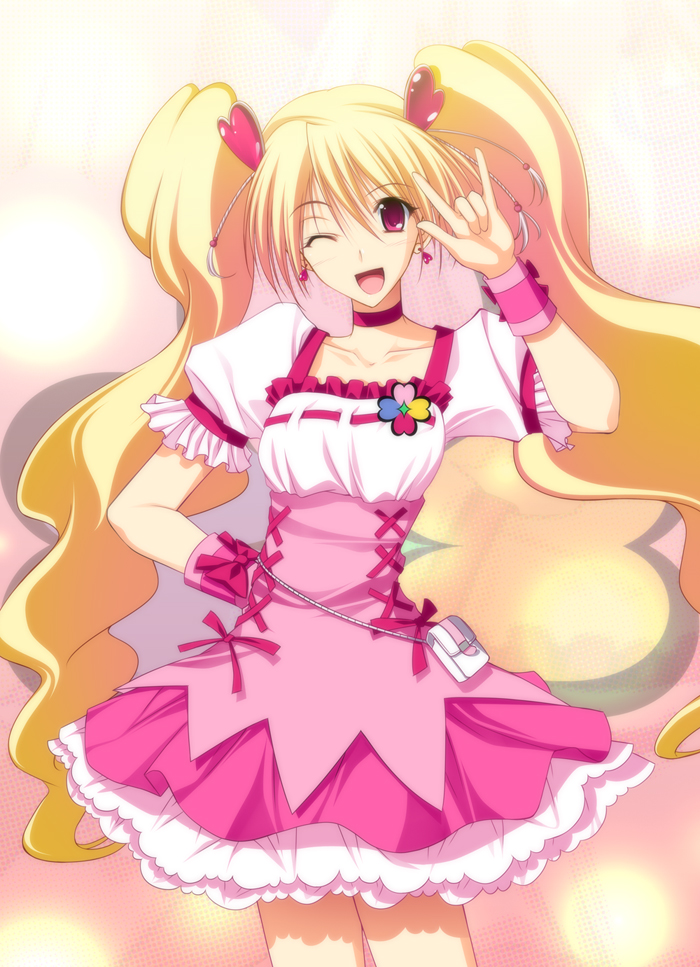 blonde_hair choker cure_peach earrings fresh_precure! hand_on_hip hips jewelry magical_girl momozono_love pink_eyes precure solo takepon twintails wink wrist_cuffs