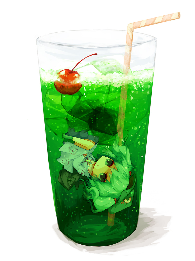 cherry chibi cup food fruit girl_in_a_cup green_eyes green_hair ice in_container in_cup kaio_(watagami) kawashiro_nitori minigirl solo straw touhou