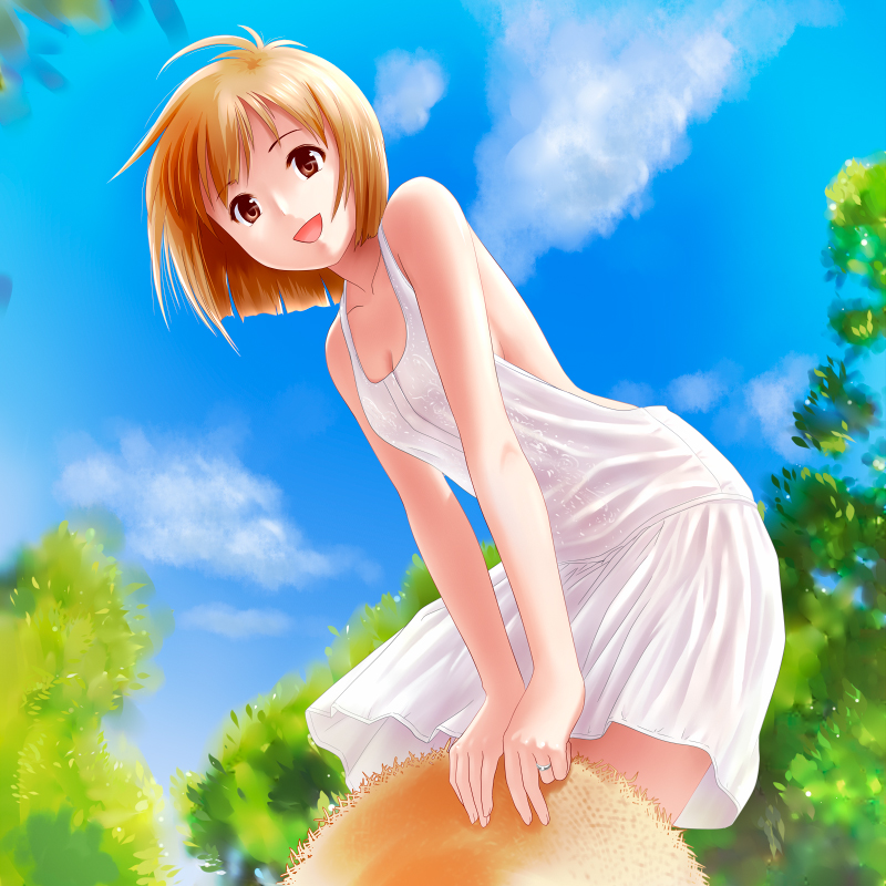 :d bare_back cloud clouds dress hagiwara_yukiho hands_on_knees hat hat_off hat_removed headwear_removed idolmaster jewelry leaning_forward open-back_dress open_mouth ponnetsu ring sky smile straw_hat sundress