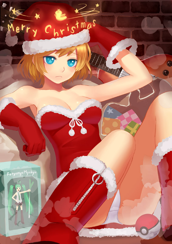 breasts cleavage gloves guitar hatsune_miku instrument k+ kasumi_(pokemon) orange_hair original panties pantyshot poke_ball pokemon santa_costume short_hair symbol-shaped_pupils underwear vocaloid white_panties