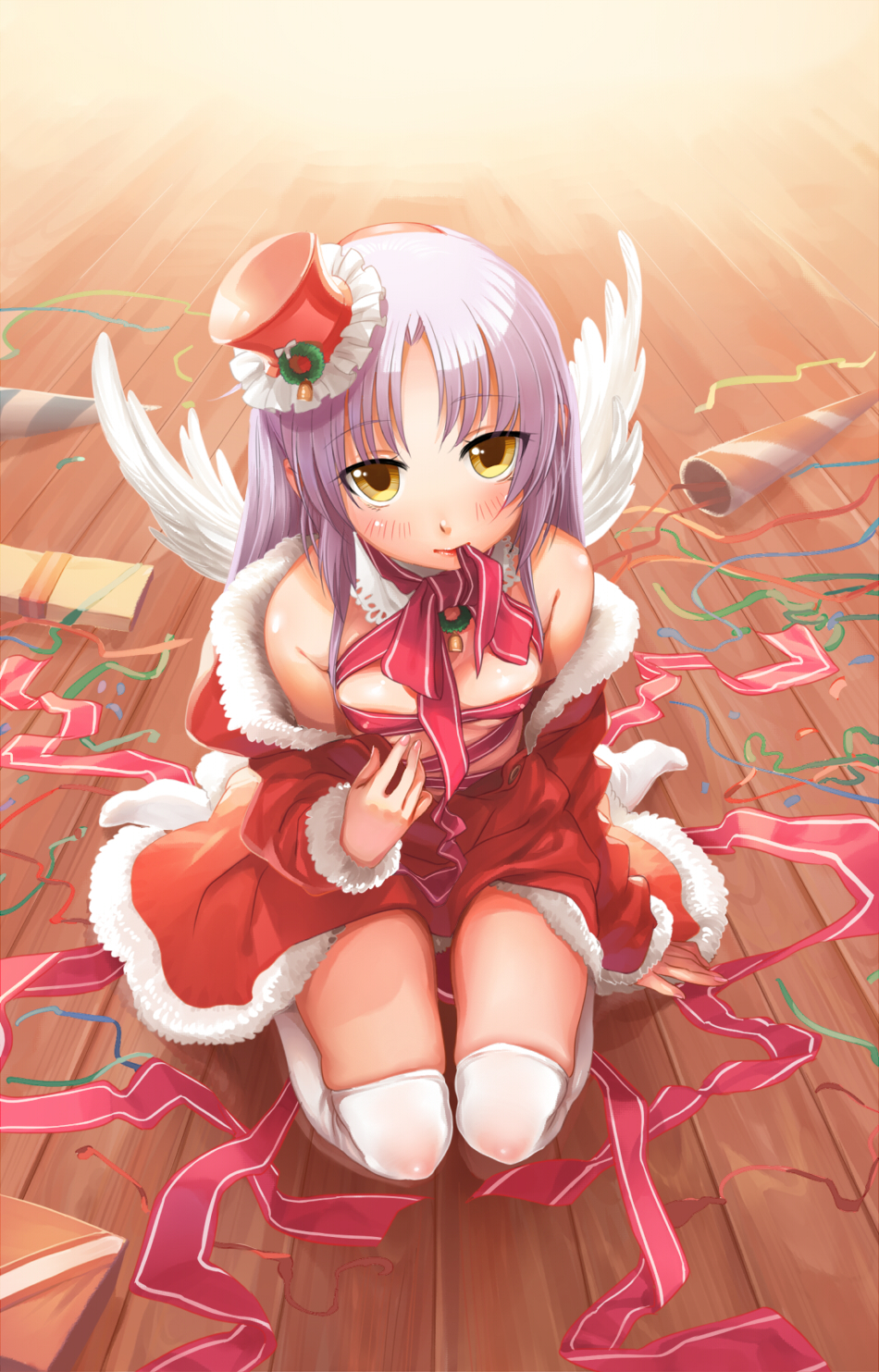 angel_beats! christmas coat_removed erect_nipples flat_chest flyx2 hat highres kneeling mouth_hold naked_ribbon original purple_hair ribbon santa_costume silver_hair tachibana_kanade thigh-highs thighhighs top_hat white_legwear white_thighhighs wings yellow_eyes