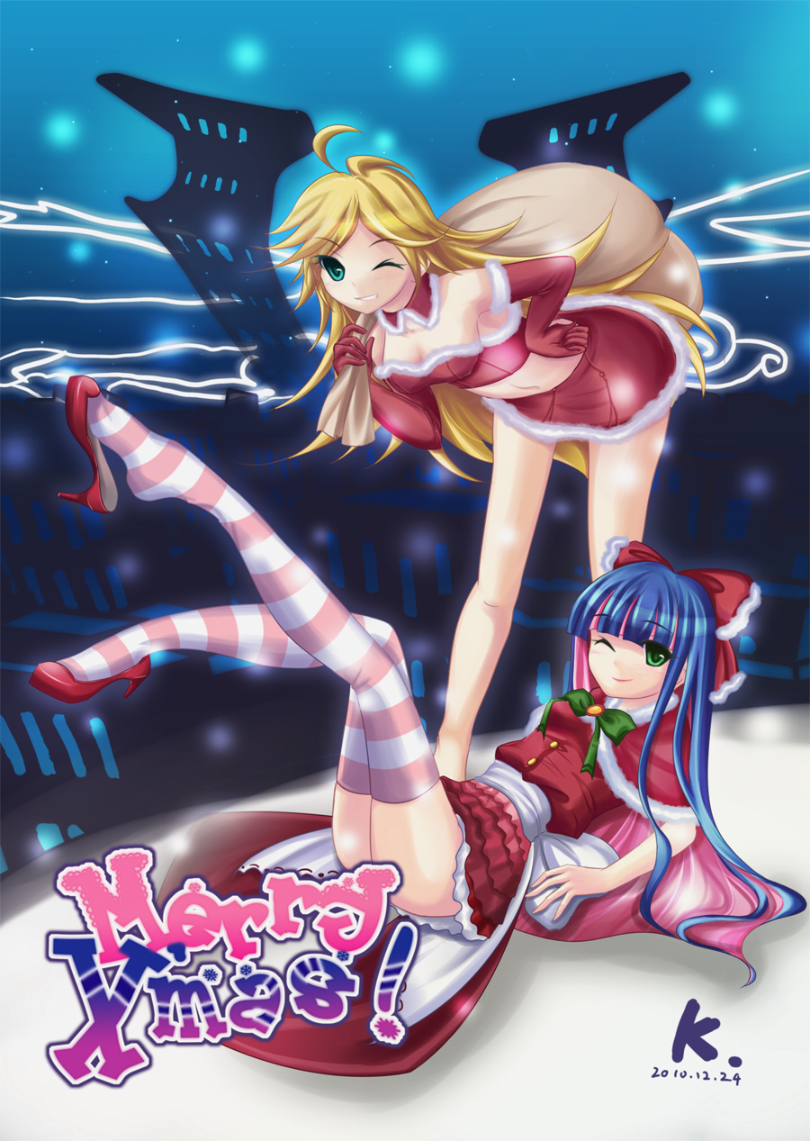 artist_request christmas high_heels highres kon@ legs multiple_girls panty_&amp;_stocking_with_garterbelt panty_(character) panty_(psg) santa_costume shoe_dangle shoes stocking_(character) stocking_(psg) striped striped_legwear striped_thighhighs thigh-highs thighhighs