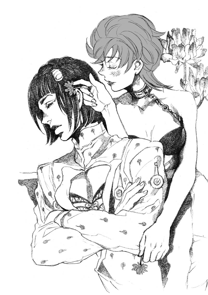 1boy 1girl bruno_bucciarati bud_(korovsme) flower graphite_(medium) hair_flower hair_ornament jojo_no_kimyou_na_bouken monochrome short_hair sleeping traditional_media trish_una