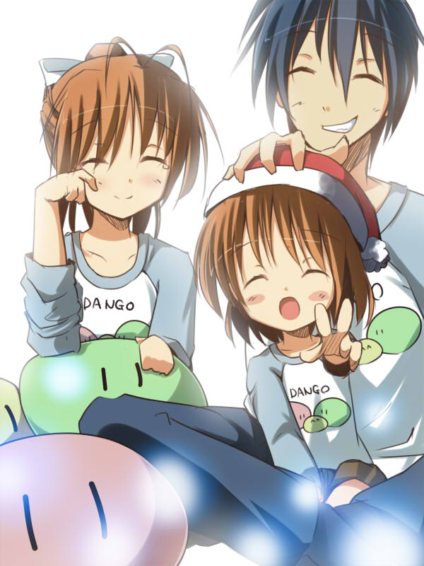 bad_id blue_hair blush_stickers brown_hair clannad closed_eyes dango_daikazoku ebiebiebio eyes_closed family furukawa_nagisa hat husband_and_wife matching_outfit okazaki_tomoya okazaki_ushio santa_hat short_hair smile tears v wiping_tears