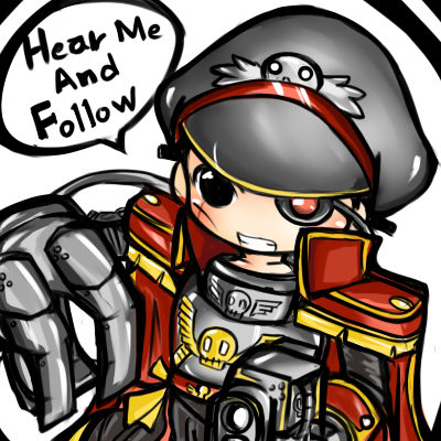 cape chibi commissar eyepatch hat imperial_guard lowres monocle orange&amp;kelly peaked_cap power_claw power_fist prosthesis scar sebastian_yarrick skull uniform warhammer_40k weapon