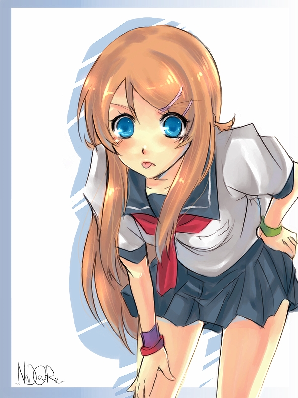 brown_hair kousaka_kirino leaning_forward long_hair ore_no_imouto_ga_konna_ni_kawaii_wake_ga_nai school_uniform serafuku tongue yuki_nadare