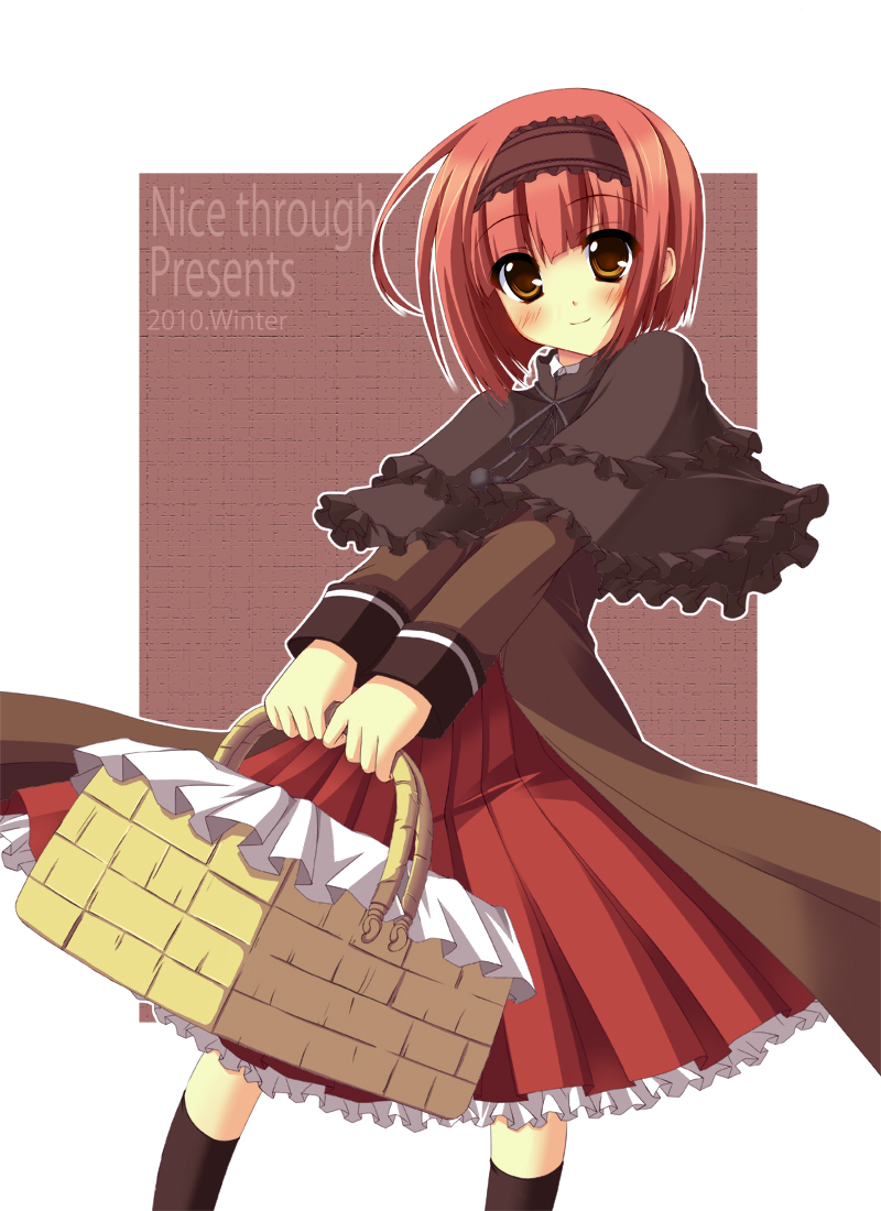 akai_ringo bad_id basket bob_cut brown_eyes capelet footwear hairband ookami-san red_hair redhead short_hair skirt socks