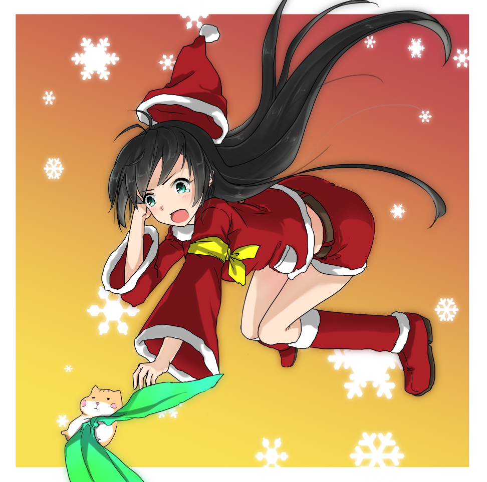 bed_sheet black_hair blue_eyes falling ganaha_hibiki hamster hamuzou idolmaster long_hair minazuki_randoseru oudanhodou ponytail santa_costume snowflakes