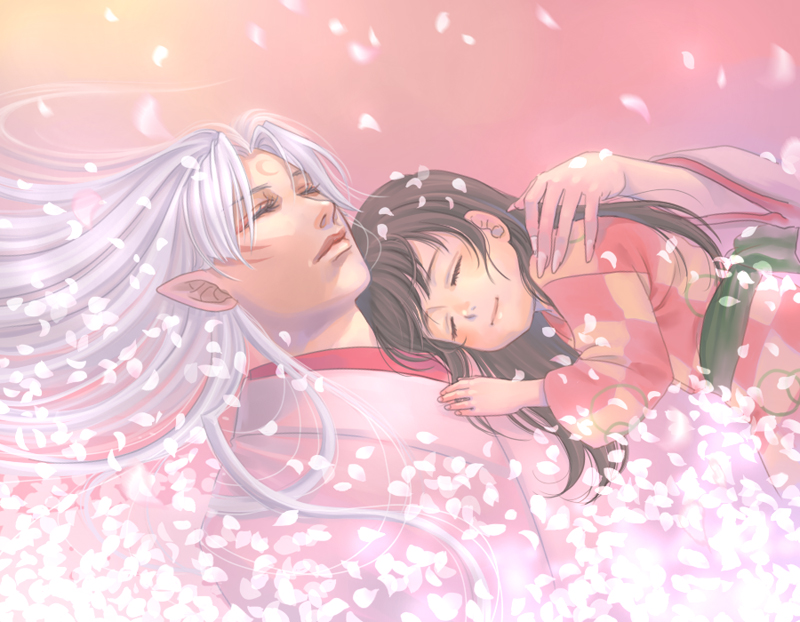 1girl age_difference closed_eyes cuddle cuddling eyelashes eyes_closed family fur hands inuyasha lips long_hair pale_color pale_colors petals pointy_ears rin_(inuyasha) sesshoumaru smile tokiko_(psychopomp)