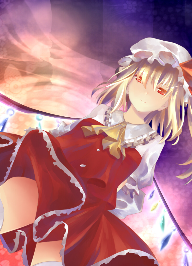 arms_behind_back ascot bad_id blonde_hair dutch_angle flandre_scarlet from_below hat light_smile orange_eyes raicy reeby side_ponytail skirt skirt_lift solo touhou twilight wings