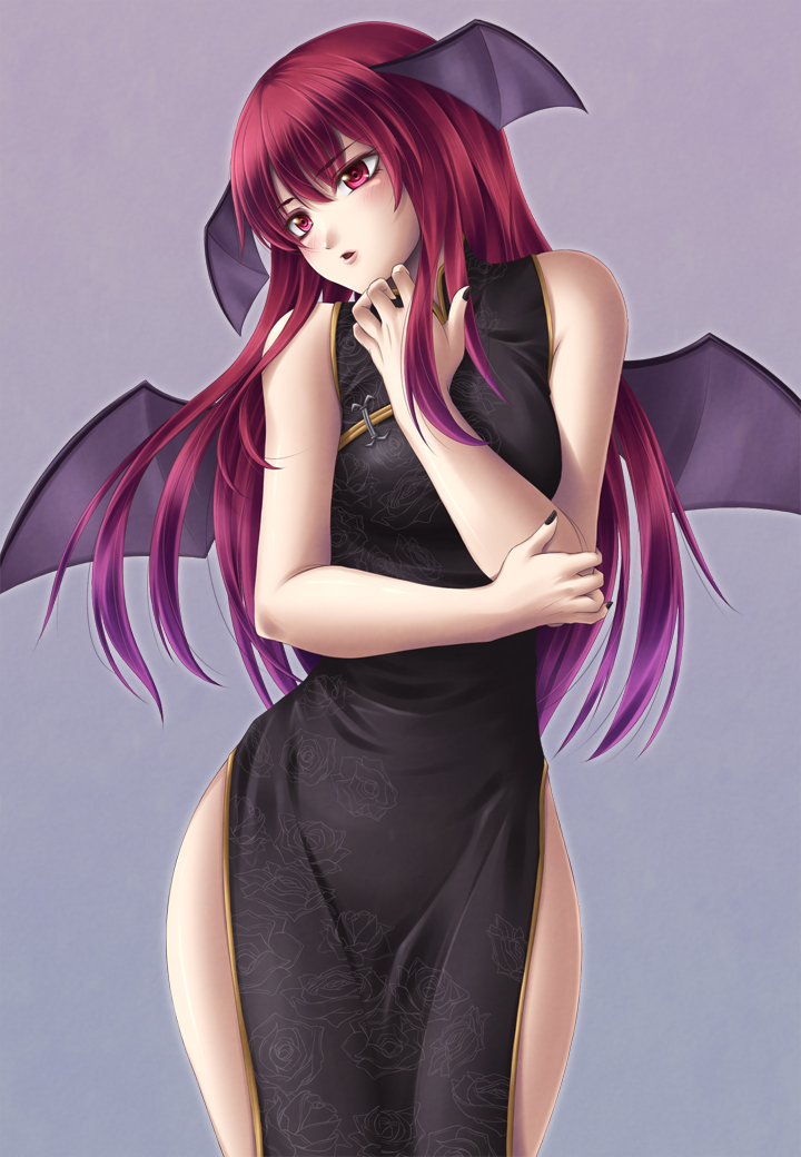 1girl bad_id bat_wings china_dress chinadress chinese_clothes demon_girl female head_wings koakuma long_hair mochi.f nail_polish red_eyes red_hair redhead side_slit solo standing the_embodiment_of_scarlet_devil touhou wide_hips wings