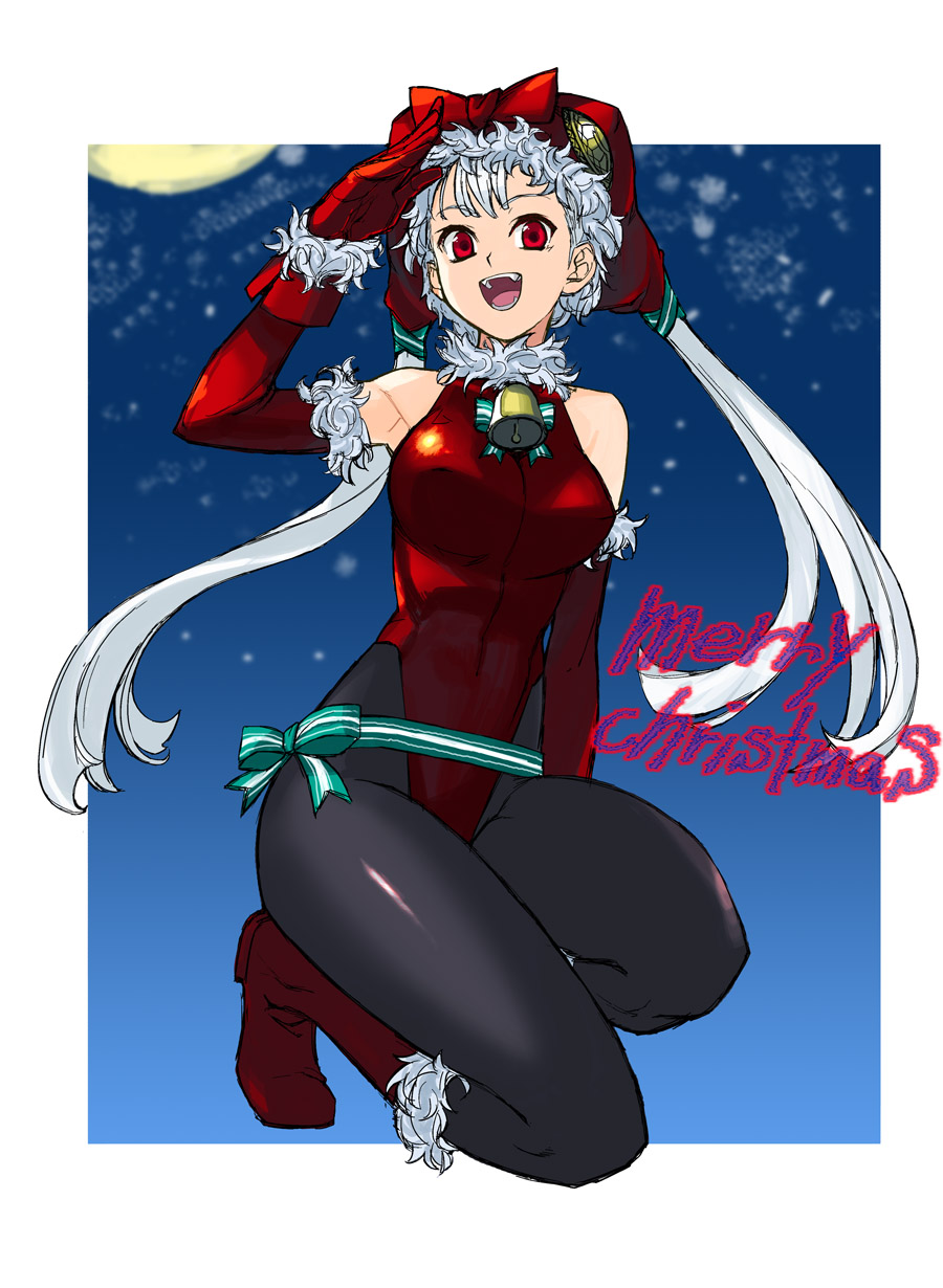 armpits bare_shoulders bell boots capcom capcom_fighting_evolution capcom_fighting_jam christmas detached_sleeves fangs gloves hat highres ingrid kimuchi leotard long_hair pantyhose red_eyes solo white_hair