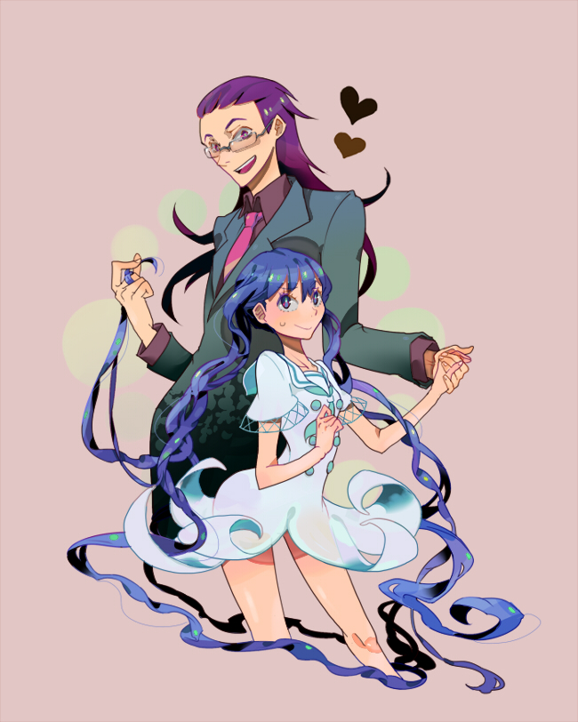 blue_eyes blue_hair brown_eyes dress formal glasses hagihara_shiogi heart holding_hands long_hair necktie open_mouth purple_hair rurituvo smile suit tuxedo twintails zaregoto zaregoto_series zerozaki_soushiki