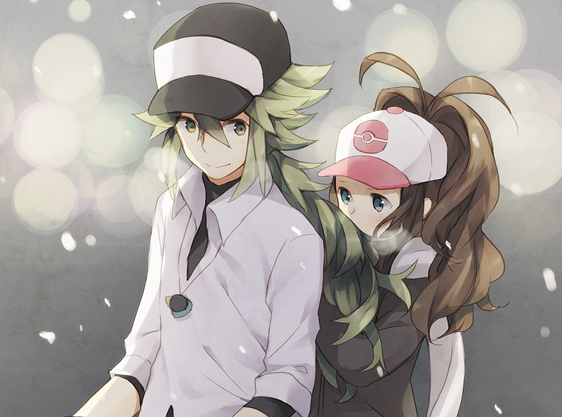 1girl alternate_costume baseball_cap blue_eyes blush brown_hair couple green_eyes green_hair hat jewelry n_(pokemon) necklace pokemon pokemon_(game) pokemon_black_and_white pokemon_bw ponytail scarf snow touko_(pokemon) weee_(raemz) winter_clothes