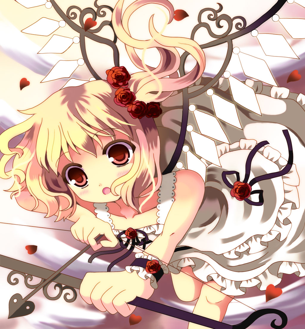 alternate_costume alternate_wings arrow blonde_hair bow_(weapon) cupid dress flandre_scarlet flower hazakura_satsuki petals red_eyes red_rose rose rose_petals short_hair side_ponytail solo touhou weapon wings wrist_cuffs