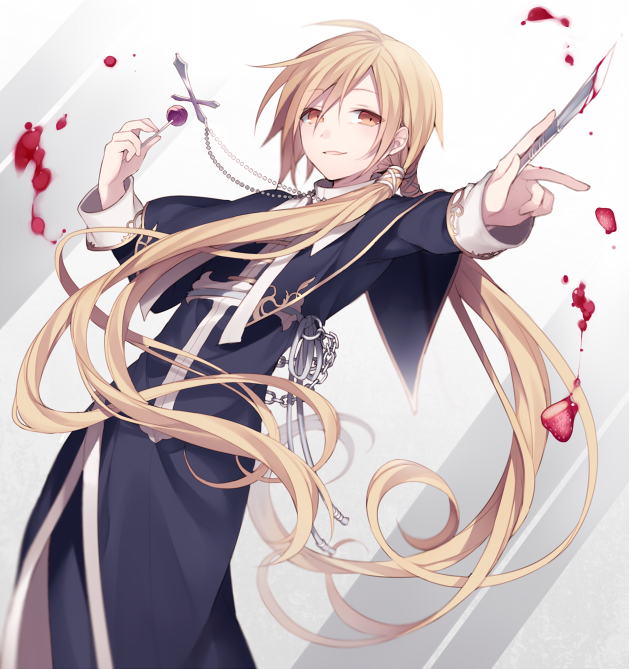 1girl amber_eyes blonde_hair blood candy food fruit habit jewelry knife lollipop long_hair long_sleeves necklace nun original smile solo strawberry twintails very_long_hair
