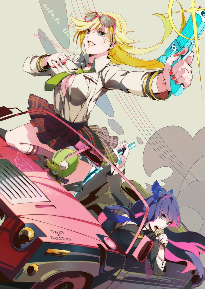 blonde_hair blue_eyes breasts car chuck chuck_(psg) cleavage gun handgun long_hair multicolored_hair multiple_girls oba-min open_clothes open_shirt panty_&amp;_stocking_with_garterbelt panty_(character) panty_(psg) revolver see-through_(jeep) see-through_(psg) shirt stocking_(character) stocking_(psg) sunglasses two-tone_hair weapon