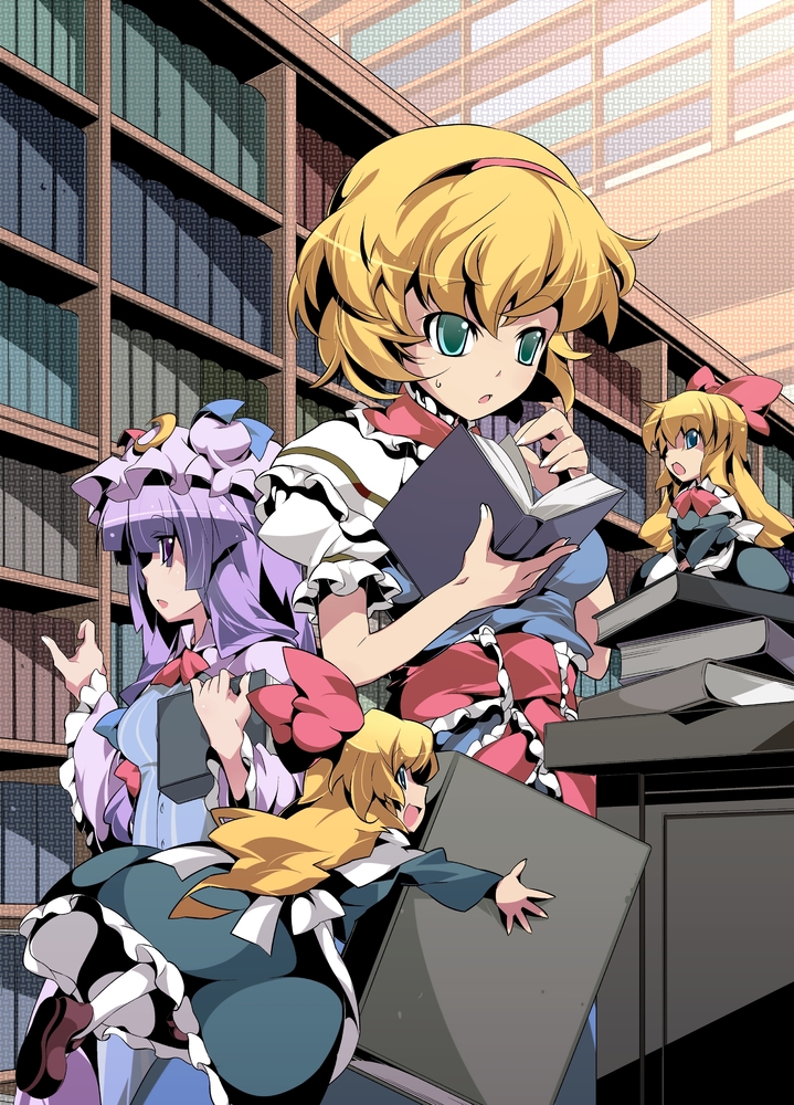 alice_margatroid blonde_hair blue_eyes book bookshelf capelet crescent doll green_eyes hairband hat library long_hair multiple_girls nyuusankin patchouli_knowledge purple_eyes purple_hair sash shanghai shanghai_doll short_hair standing touhou voile