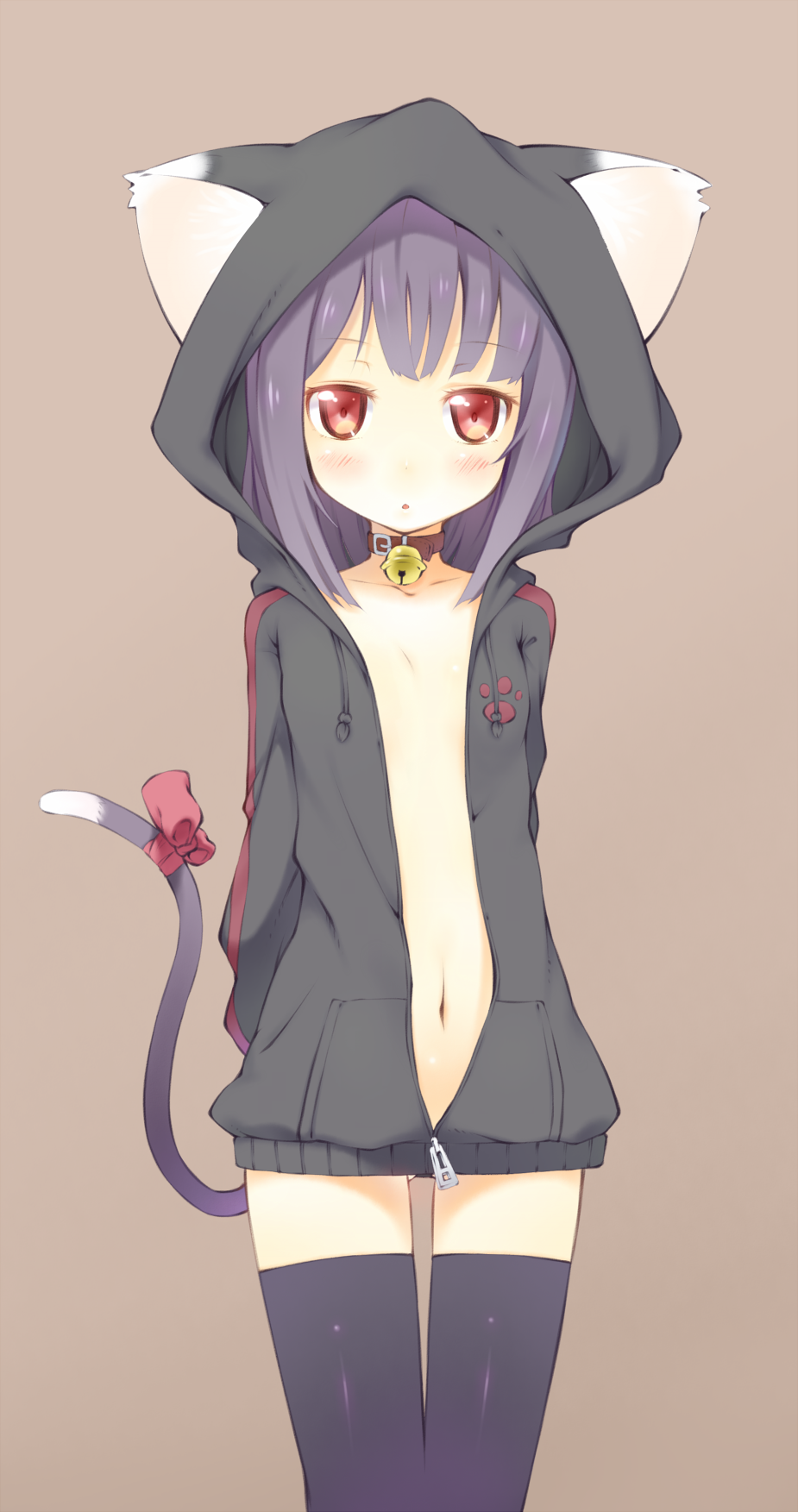 bell bell_collar black_legwear black_thighhighs blush cat_ears cat_tail collar flat_chest highres hoodie ichi_makoto jacket jingle_bell naked_hoodie navel open_clothes original paw_print purple_hair red_eyes ribbon simple_background solo tail tail_ribbon thigh-highs thighhighs