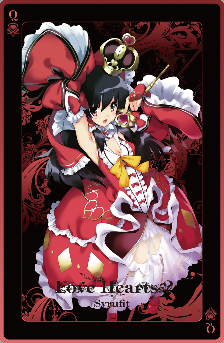 adapted_costume album_cover alternate_costume arm_up armpits black_hair bow card card_(medium) cover crown detached_sleeves dress hair_bow hakurei_reimu long_hair miko queen red_eyes scepter see-through solo touhou usatsuka_eiji wand