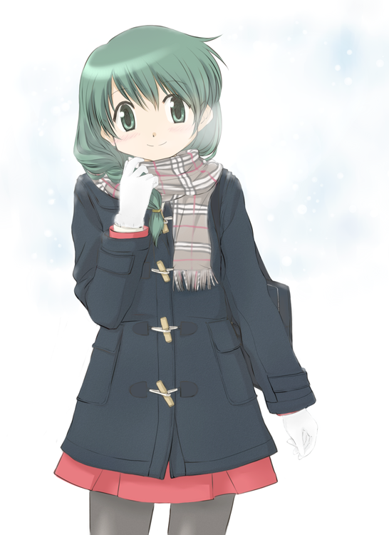 braid coat gloves gray_pantyhose green_eyes green_hair hair_over_shoulder hidamari_sketch kuuyuu long_hair natsume_(hidamari_sketch) pantyhose plaid plaid_scarf scarf school_uniform skirt tartan