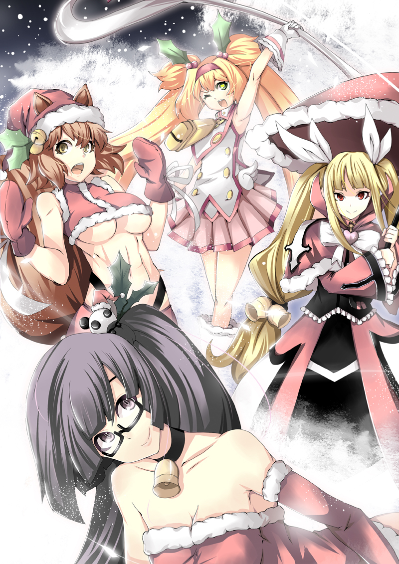 abs adapted_costume alternate_costume animal_ears armpits bare_shoulders bell bell_collar black_hair blazblue blonde_hair boots bow breasts brown_eyes brown_hair choker christmas cleavage collar dress glasses hair_bow hat heart holly lao_jiu large_breasts legs litchi_faye_ling long_hair magical_girl makoto_nanaya midriff miniskirt mittens multiple_girls platinum_the_trinity pm_ringo rachel_alucard red_eyes santa_costume santa_hat short_hair skirt smile squirrel_ears squirrel_tail staff tail twintails two_side_up umbrella under_boob underboob very_long_hair wink