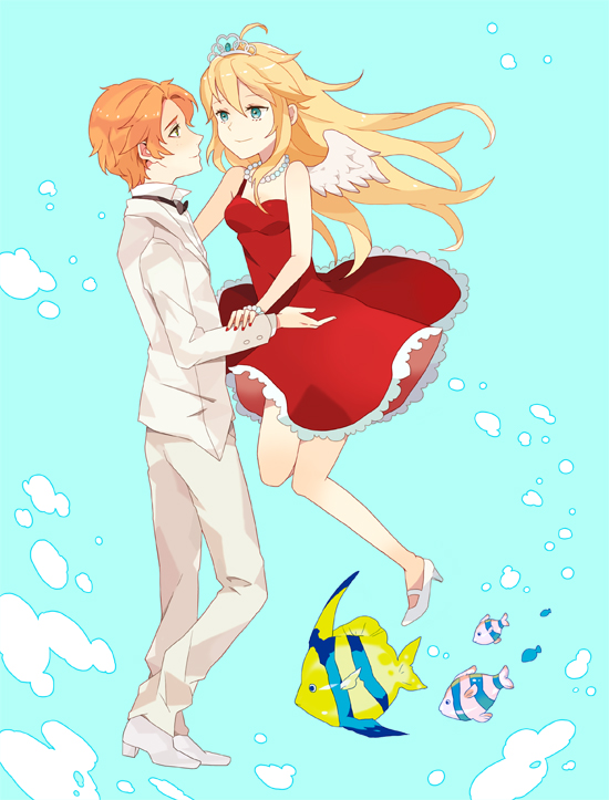blonde_hair blue_eyes bracelet brief_(character) brief_(psg) chilbok dress fish high_heels jewelry long_hair nail_polish orange_hair panty_&amp;_stocking_with_garterbelt panty_(character) panty_(psg) pearl_necklace red_dress shoes smile tiara tuxedo wings
