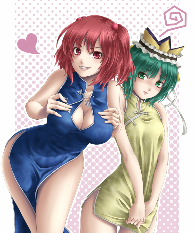 alternate_costume blush breast_envy breasts china_dress chinese_clothes cleavage dress dress_tug embarrassed green_eyes green_hair grin hair_bobbles hair_ornament halftone halftone_background hat heart leaning_forward looking_at_viewer mochi.f multiple_girls naughty_face onozuka_komachi red_eyes red_hair redhead shikieiki_yamaxanadu short_dress short_hair side_slit smile squiggle touhou twintails untied wide_hips