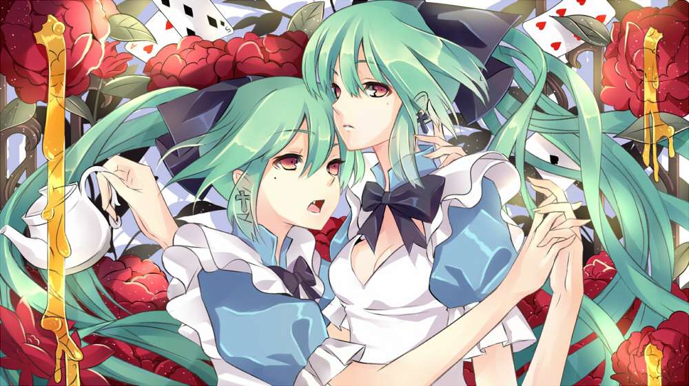 alice_in_wonderland_(cosplay) bad_id bowtie card cards dual_persona earrings fang floating_card flower green_hair hair_ribbon hand_holding hatsune_miku holding_hands jewelry long_hair multiple_girls open_mouth red_eyes ribbon teapot vocaloid yuna_(rutera)