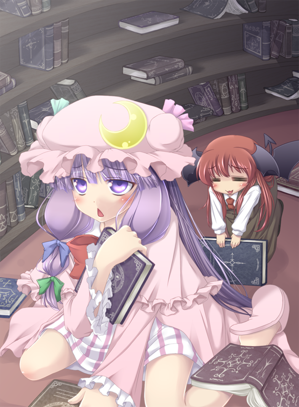 2girls :&lt; :3 =_= bad_id bat_wings blush book bookshelf crescent demon_tail hair_ribbon head_wings iganseijin koakuma library long_hair minigirl multiple_girls necktie patchouli_knowledge purple_eyes purple_hair red_hair redhead ribbon sitting tail touhou violet_eyes voile wariza wings