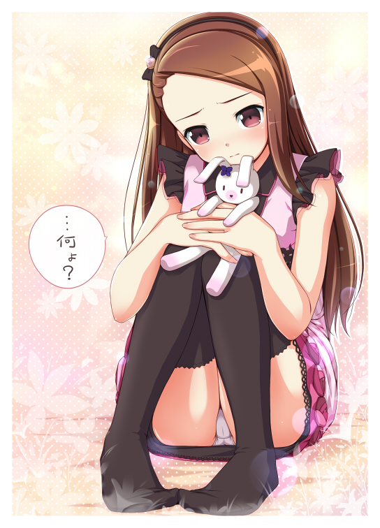 black_thighhighs blush brown_eyes brown_hair hairband idolmaster minase_iori nomura_teruya panties sitting stuffed_animal stuffed_toy thigh-highs thighhighs underwear