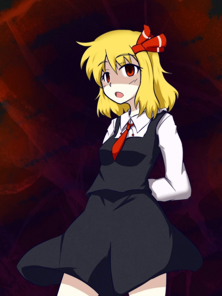 arms_behind_back black_dress blonde_hair dress hair_ribbon konokiya necktie open_mouth red_eyes ribbon rumia shaded_face short_hair solo the_embodiment_of_scarlet_devil touhou youkai