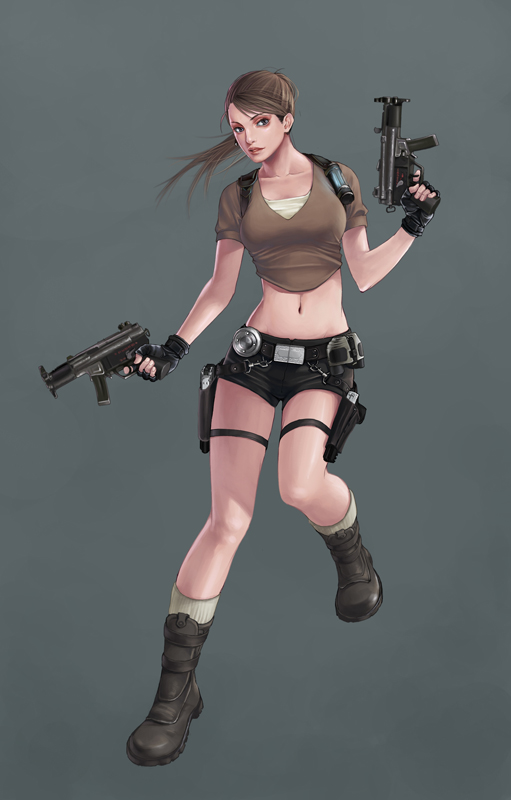 bad_id boots brown_hair crop_top dual_wielding fingerless_gloves gloves gun h&amp;k_mp5k holster lara_croft midriff navel ponytail shorts solo submachine_gun sww13 thigh_holster tomb_raider weapon