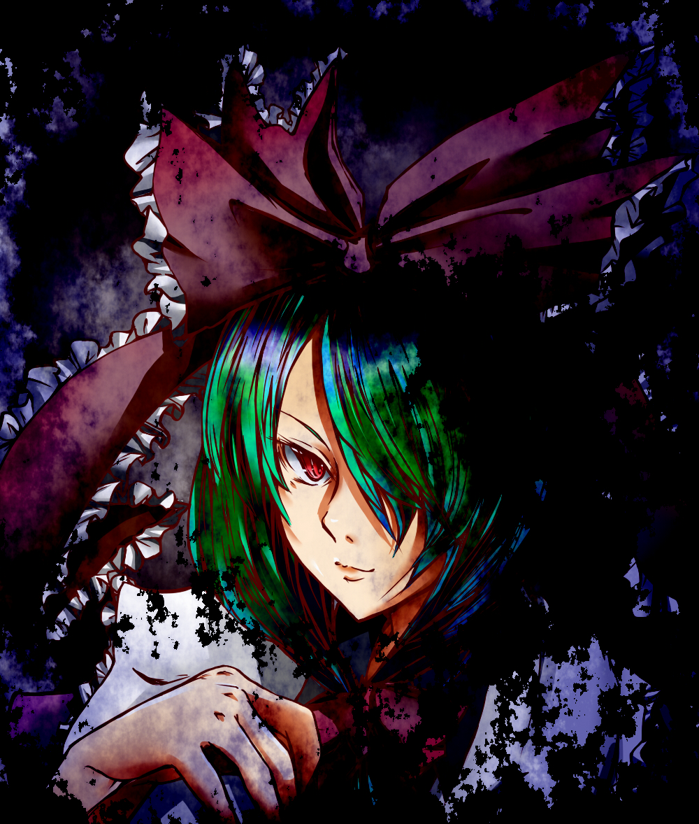 bad_id dark face green_hair hair_over_one_eye hair_ribbon kagiyama_hina musupon214 red_eyes ribbon solo touhou