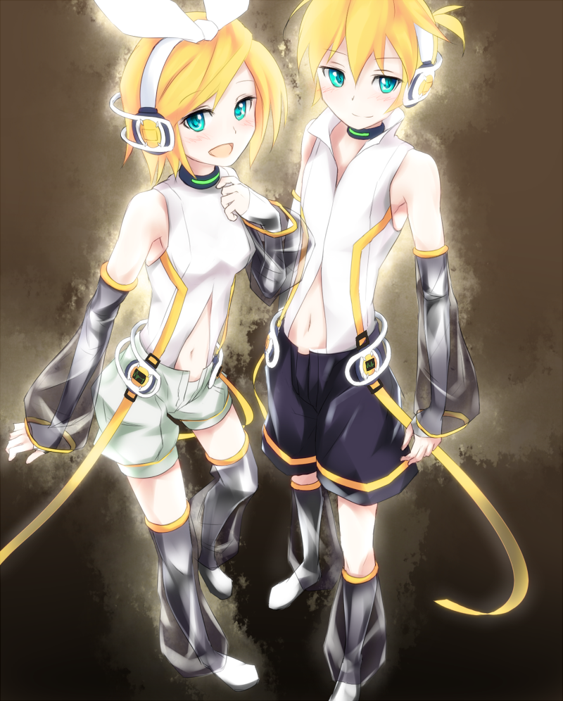 arm_warmers bad_id blonde_hair blush brother_and_sister detached_sleeves hair_ornament hair_ribbon hairclip headphones kagamine_len kagamine_len_(append) kagamine_rin kagamine_rin_(append) keikotsu leg_warmers navel popped_collar ribbon short_hair shorts siblings smile twins vocaloid vocaloid_append