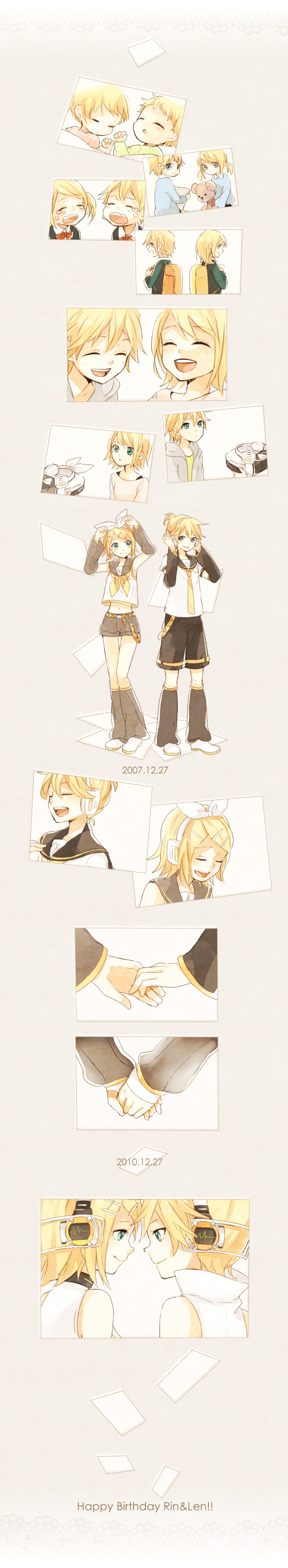 baby birthday blonde_hair child green_eyes hair_ornament hair_ribbon hairclip hand_holding hands_on_headphones happy_birthday headphones highres holding_hands kagamine_len kagamine_len_(append) kagamine_rin kagamine_rin_(append) long_image ribbon short_hair siblings smile tall_image tama_(songe) tears twins vocaloid vocaloid_append young