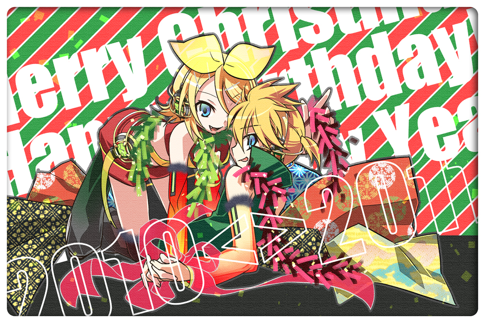 blonde_hair brother_and_sister hair_ornament hair_ribbon hairclip hand_holding headphones holding_hands kagamine_len kagamine_len_(append) kagamine_rin kagamine_rin_(append) negi_(ulogbe) ribbon short_hair siblings twins ulogbe vocaloid vocaloid_append