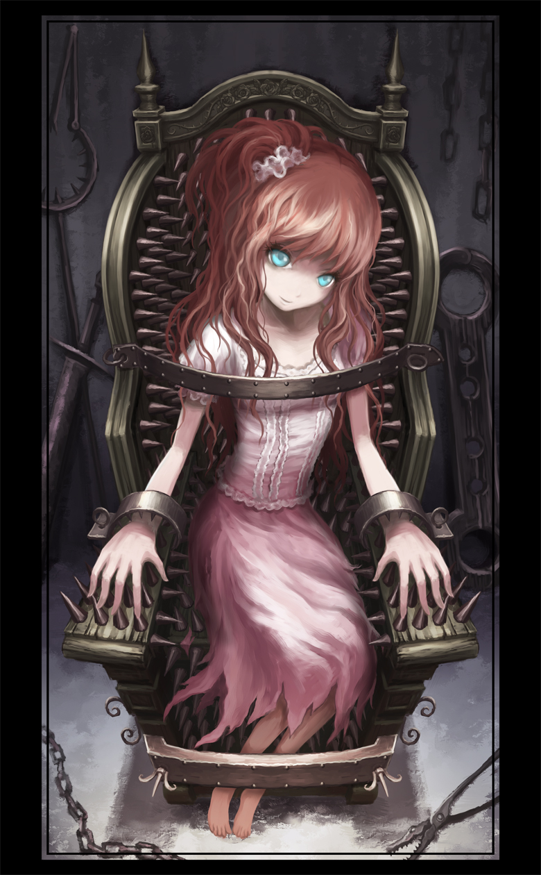 bdsm bound_legs bound_torso bound_wrists chain chains chair from_above hair_ornament highres knees_together_feet_together light_smile masochist mechanical_fixation no_lineart original red_hair redhead sitting solo spikes sword torture ume_(illegal_bible) weapon