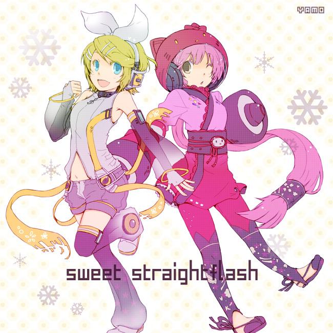 animal_ears animal_hat animal_helmet arm_warmers bad_id blonde_hair blue_eyes bodysuit cat_ears detached_sleeves hair_ornament hair_ribbon hairclip hat headphones hello_kitty helmet japanese_clothes kagamine_rin kagamine_rin_(append) leg_warmers long_hair multiple_girls nekomura_iroha pink_hair ponytail ribbon short_hair shorts smile very_long_hair vocaloid vocaloid_append wink yamo