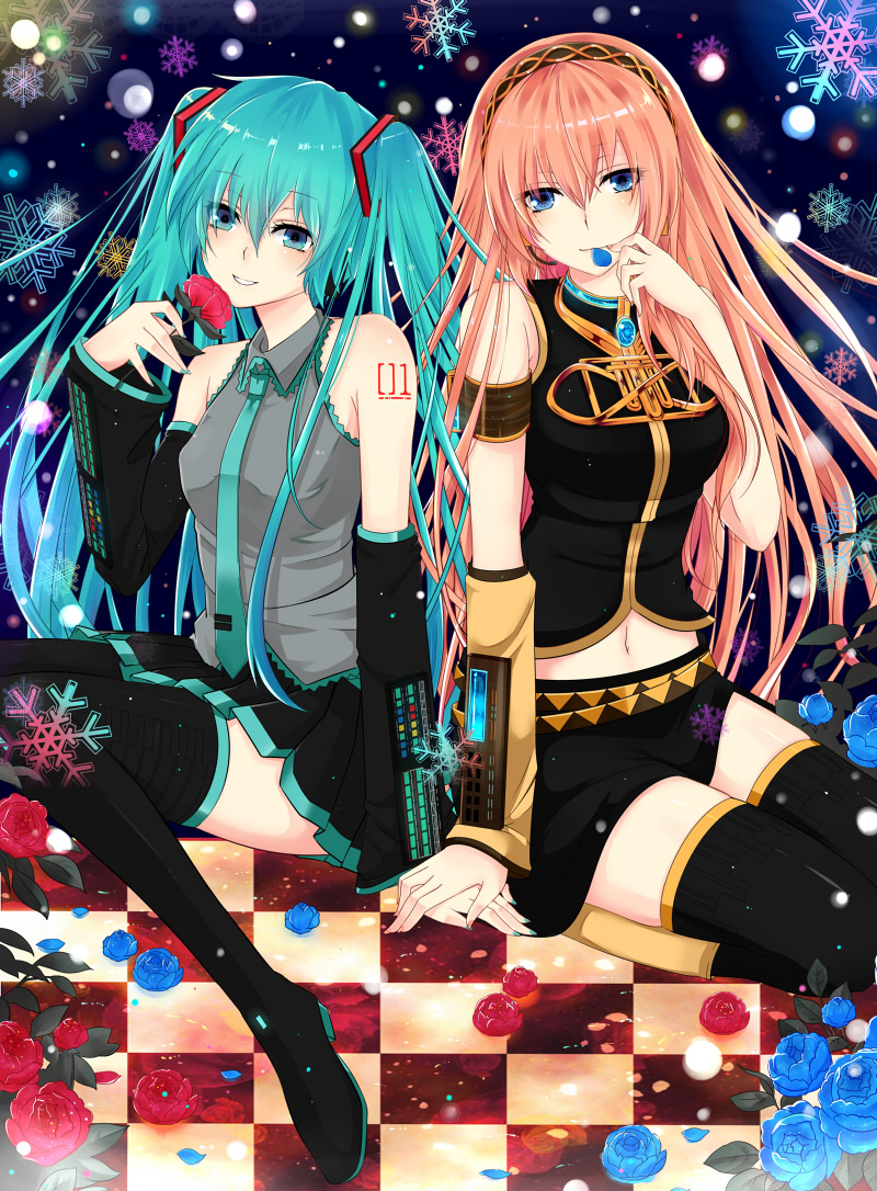 aqua_eyes bad_id boots duplicate flower green_hair hatsune_miku knees_together knees_touching long_hair megurine_luka multiple_girls nail_polish nuko_(mikupantu) school_uniform sitting skirt teal_eyes thigh-highs thigh_boots thighhighs twintails vocaloid zettai_ryouiki