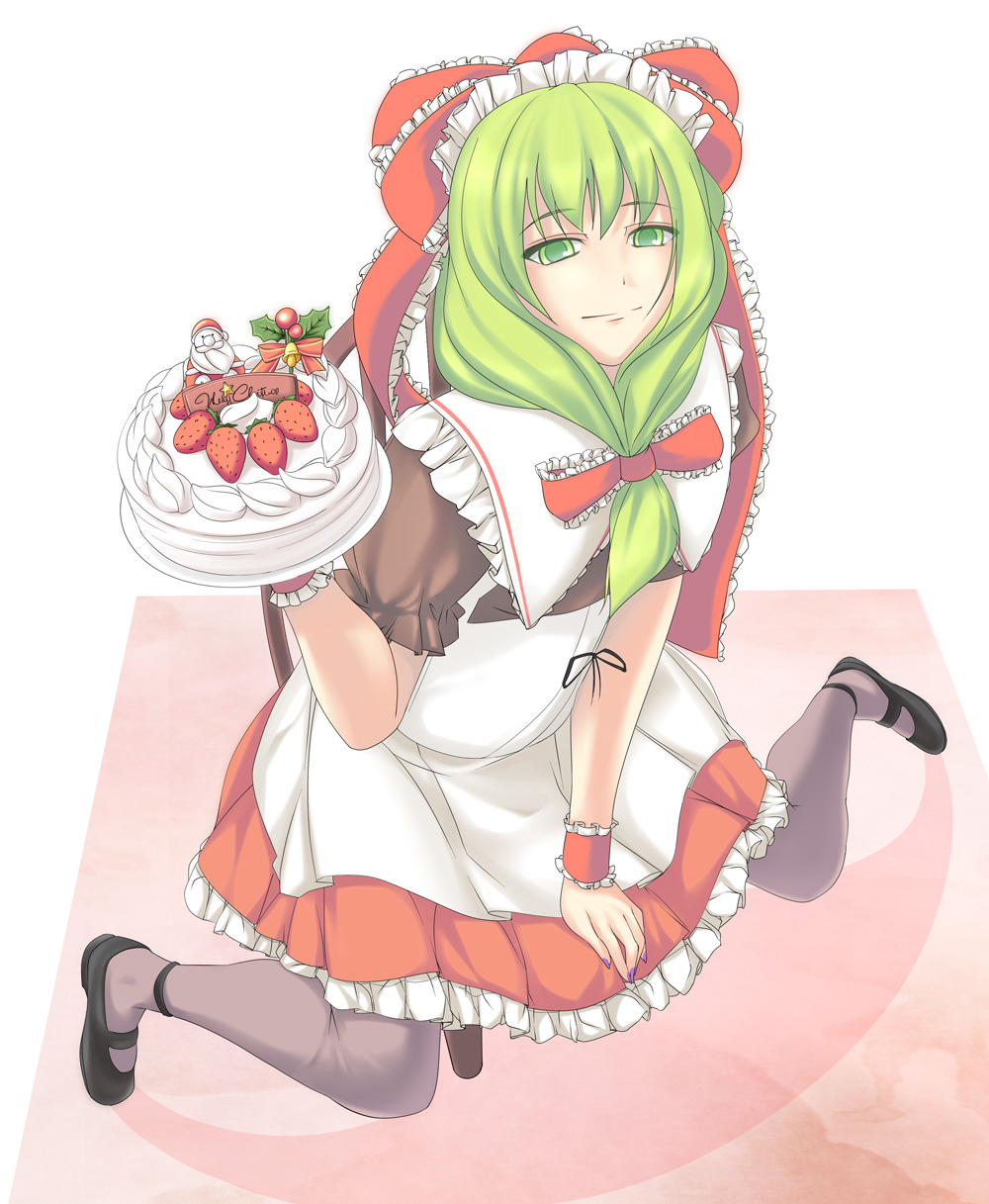 apron bad_id black_legwear black_pantyhose bow cake chair dress food frills front_ponytail fruit green_eyes green_hair hair_bow hair_ribbon highres kagiyama_hina kirituki mary_janes nail_polish pantyhose ribbon santa_claus shoes short_hair solo strawberry touhou