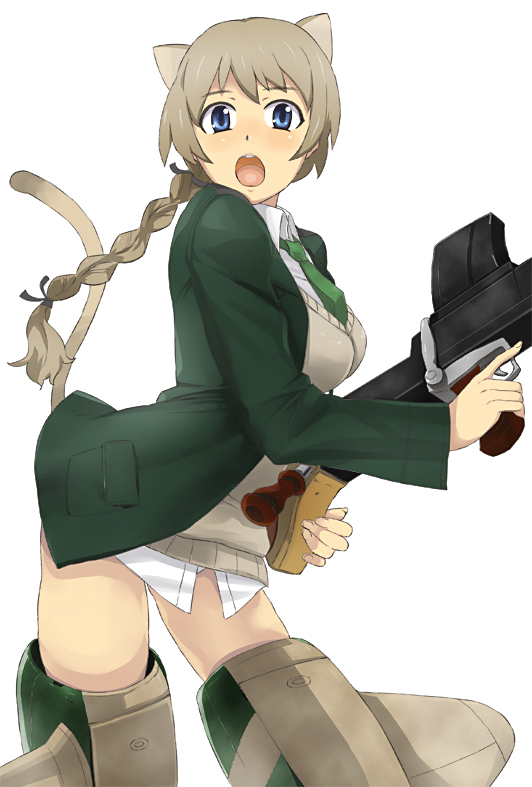 blazer blue_eyes boys_anti_tank_rifle braid cat_ears gun jack_hamster lynette_bishop open_mouth ponytail single_braid strike_witches striker_unit sweater_vest tail weapon