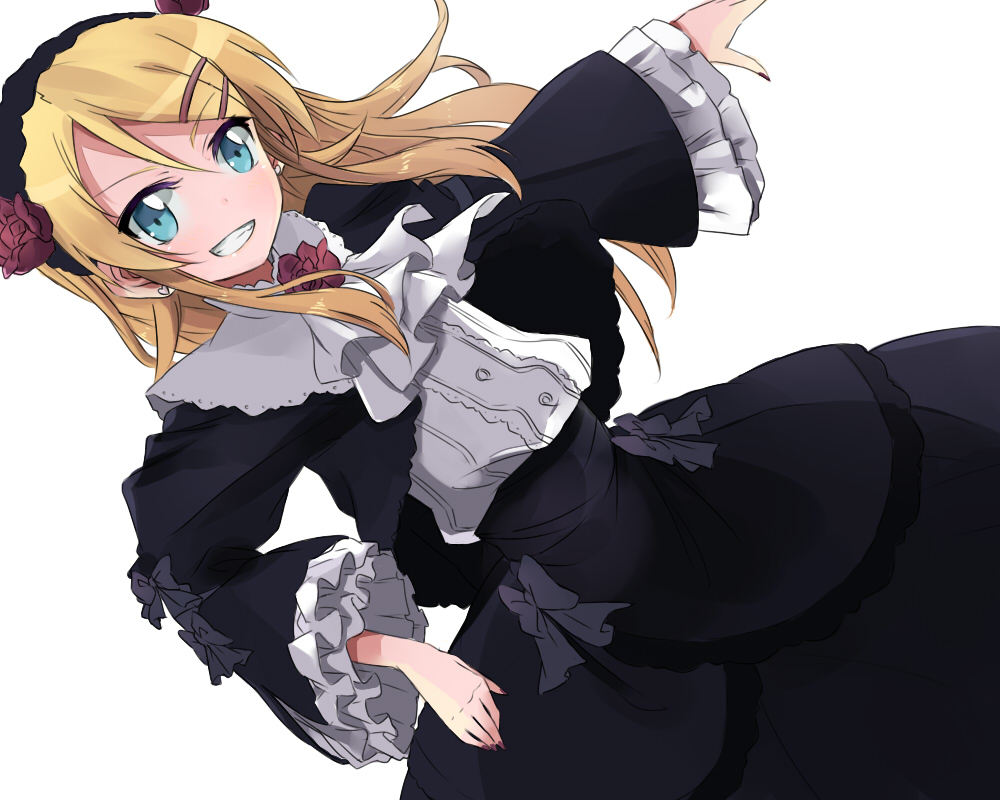 alternate_costume aqua_eyes black_dress blush cosplay dress dutch_angle earrings gokou_ruri gokou_ruri_(cosplay) gothic_lolita grin hair_ornament hairband hairclip jewelry kousaka_kirino lolita_fashion long_hair maromi_(am97) maromi_(artist) open_mouth orange_hair ore_no_imouto_ga_konna_ni_kawaii_wake_ga_nai simple_background smile solo