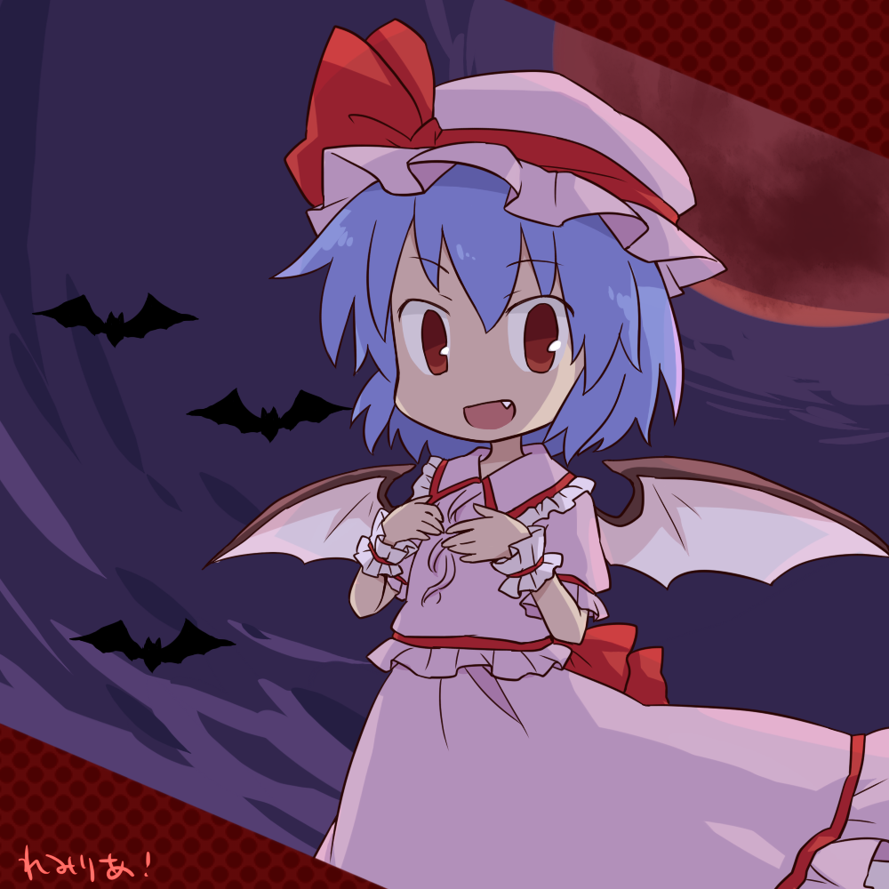 bat blue_hair dress fang hat moon red_eyes red_moon remilia_scarlet short_hair solo touhou wrist_cuffs yamabuki_(yusuraume)