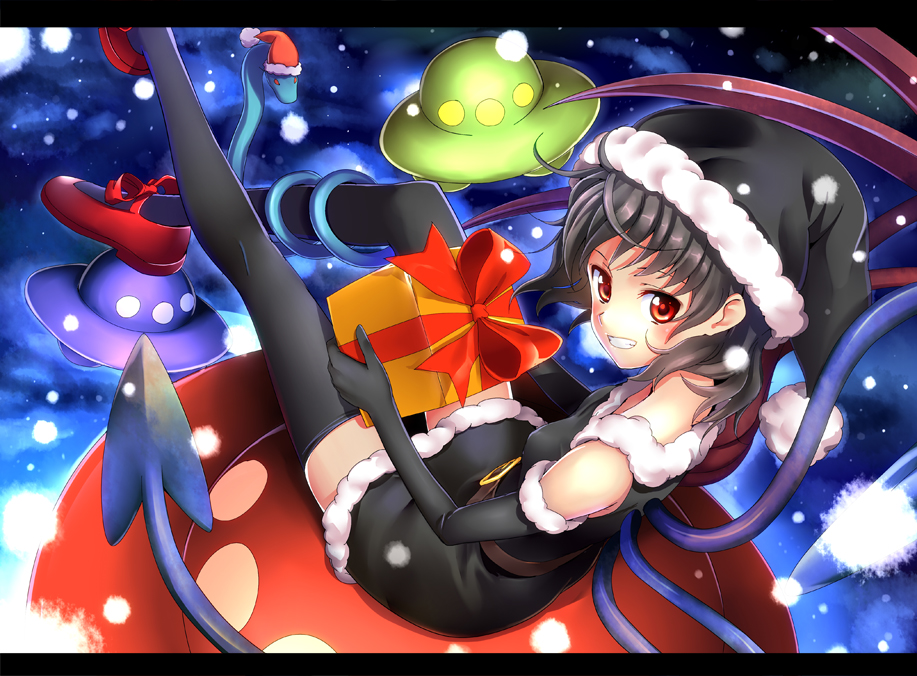 adapted_costume asymmetrical_wings black_hair black_legwear black_santa_costume black_thighhighs christmas dress elbow_gloves gift gloves grin hat houjuu_nue kimitoshiin letterboxed looking_back polearm red_eyes santa_costume santa_hat short_hair smile snake snow solo thigh-highs thighhighs touhou ufo weapon wings